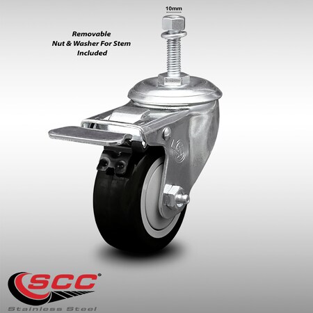 Service Caster 3 Inch SS Black Polyurethane 10mm Threaded Stem Caster with Total Lock Brake SCC-SSTSTTL20S314-PPUB-BLK-M1015